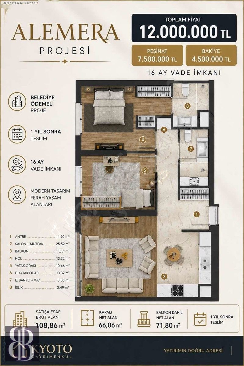 KYOTO'DAN ALEMERA PROJESİNDE LÜKS 2+1 SATILIK DAİRE